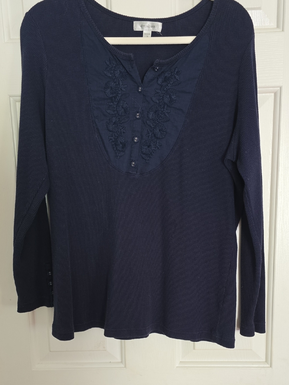 Dress Barn Navy Embroidered Long Sleeve Henley Top